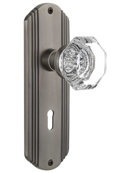 Streamline Moderne Mortise Lock Set With Waldorf Crystal Knobs in Antique Pewter.